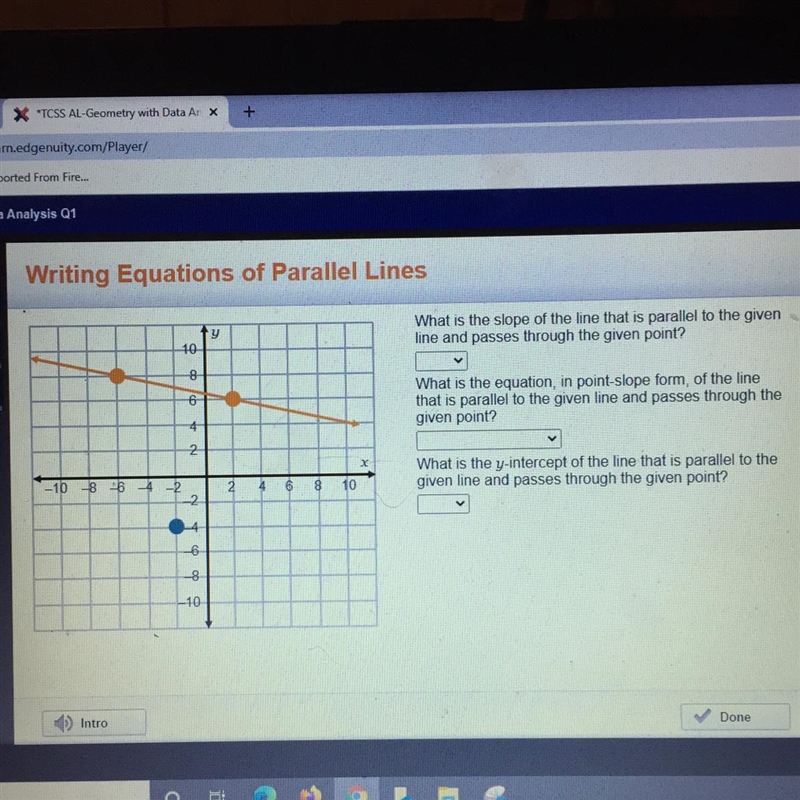 Writing Equations of Parallel Lines y 10 What is the slope of the line that is parallel-example-1