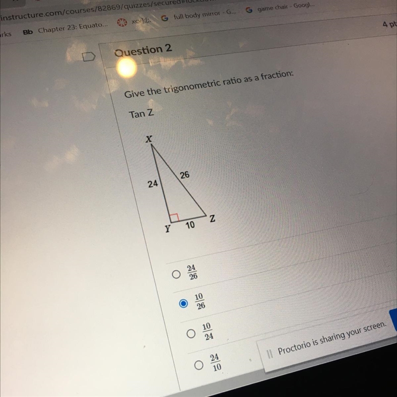 Give the trigonometric ratio as a fraction: Tan Z X 24 26 Y 10 z-example-1