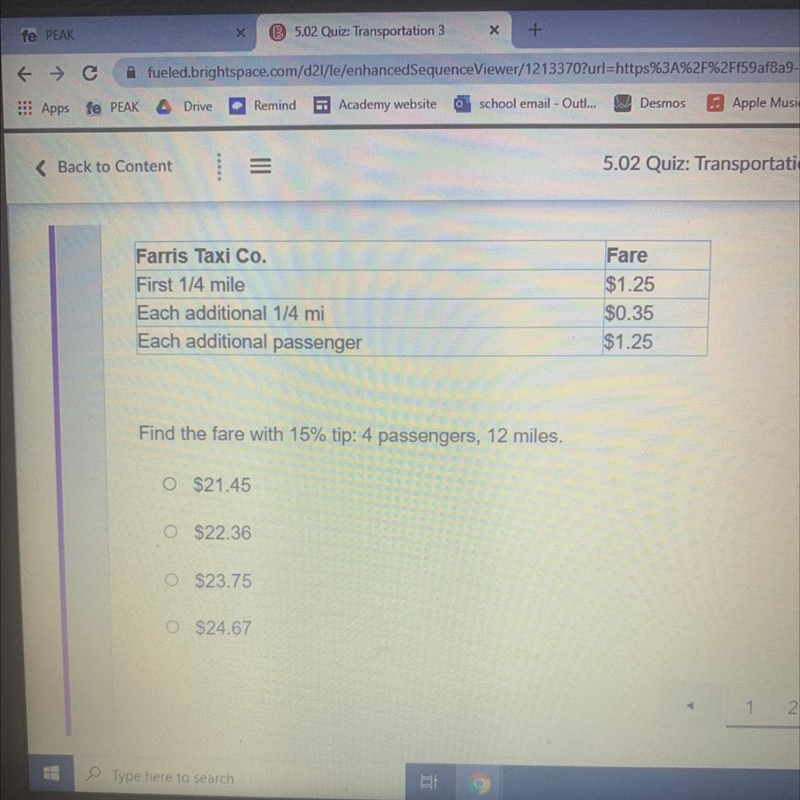 Find the fare with 15% tip: 4 passengers, 12 miles. O $21.45 O $22.36 o $23.75 O $24.67-example-1