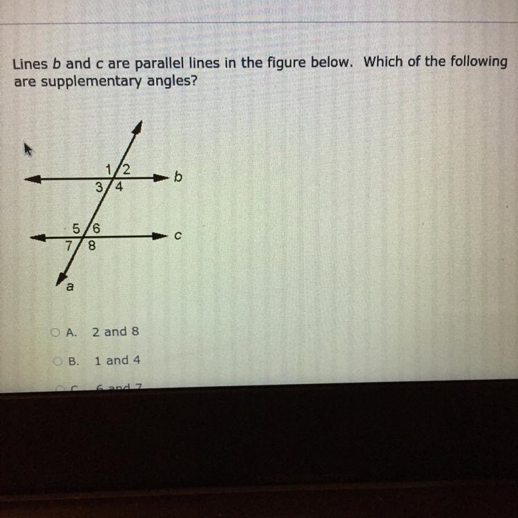 Anyone knows geometry??? The answer choices are A: 2 and 8 B: 1 and 4 C: 6 and 7 D-example-1