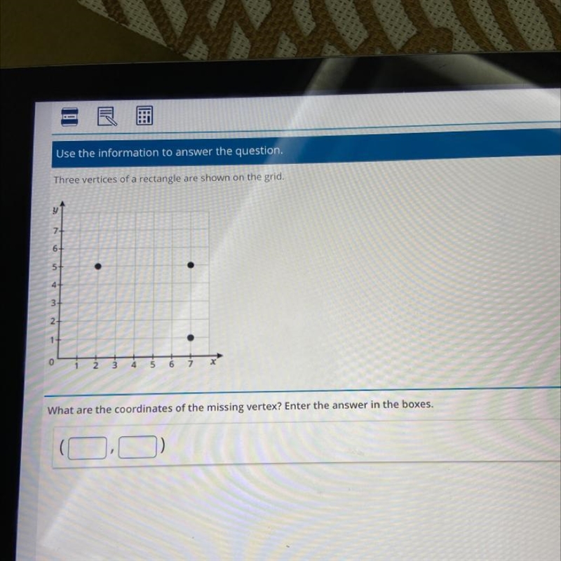 Use the information to answer the question. Three vertices of a rectangle are shown-example-1