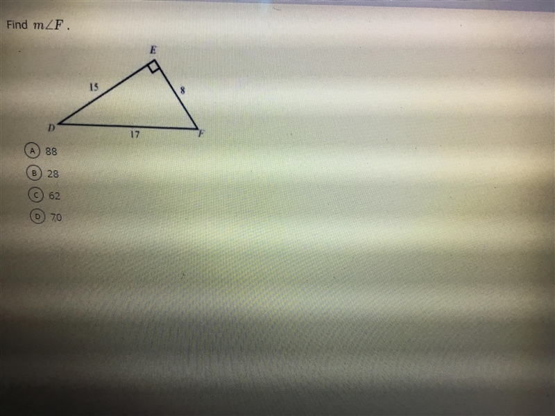 Find m angle f. A. 88 B. 28 C. 62 D. 70-example-1