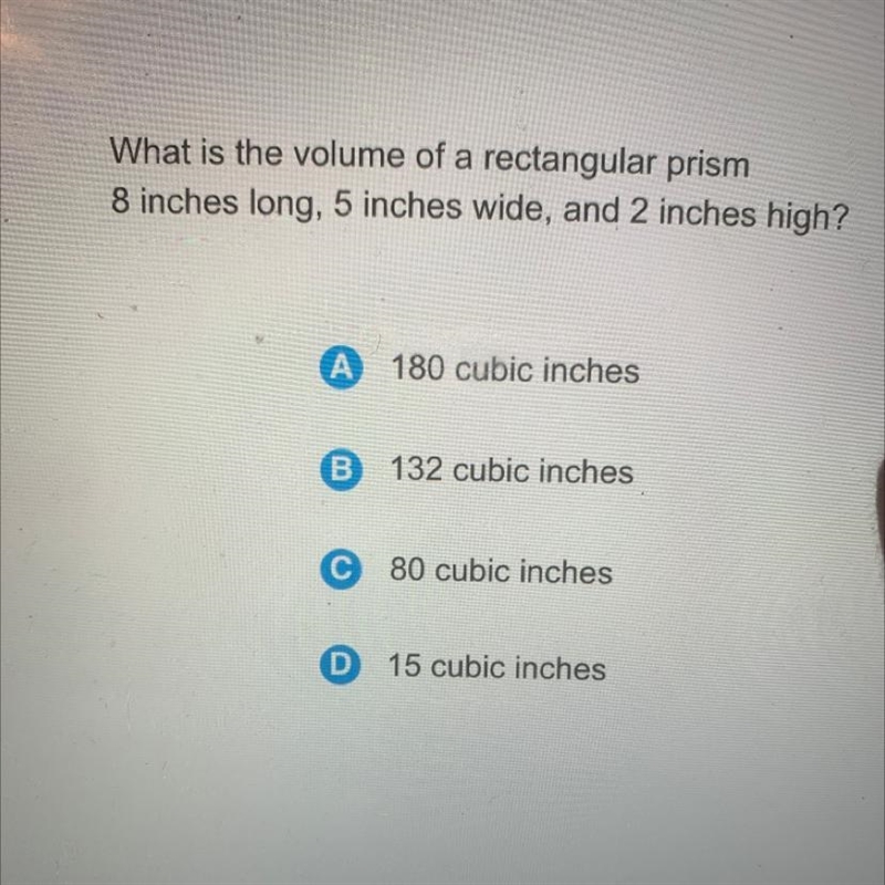 What is the volume of a rectangular prism 8 inches long, 5 inches wide, and 2 inches-example-1