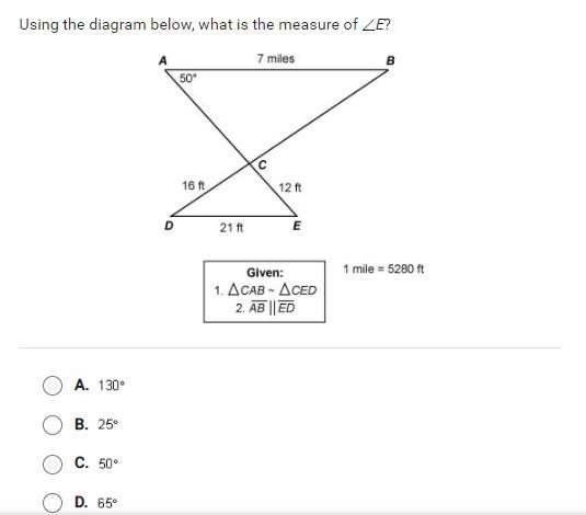 Using the diagram below, what is the measure of ∠E?-example-1