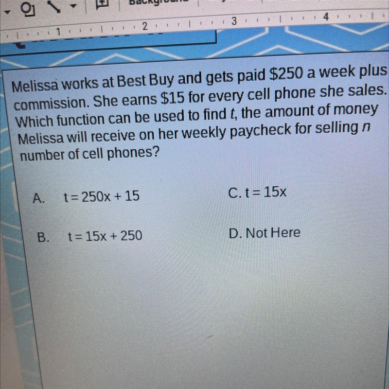 Melissa works at Best Buy and gets paid $250 a week plus commission. She earns $15 for-example-1