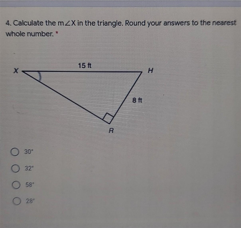 Find angle X. Hypotonuse = 15ft., Opposite = 8ft.​-example-1