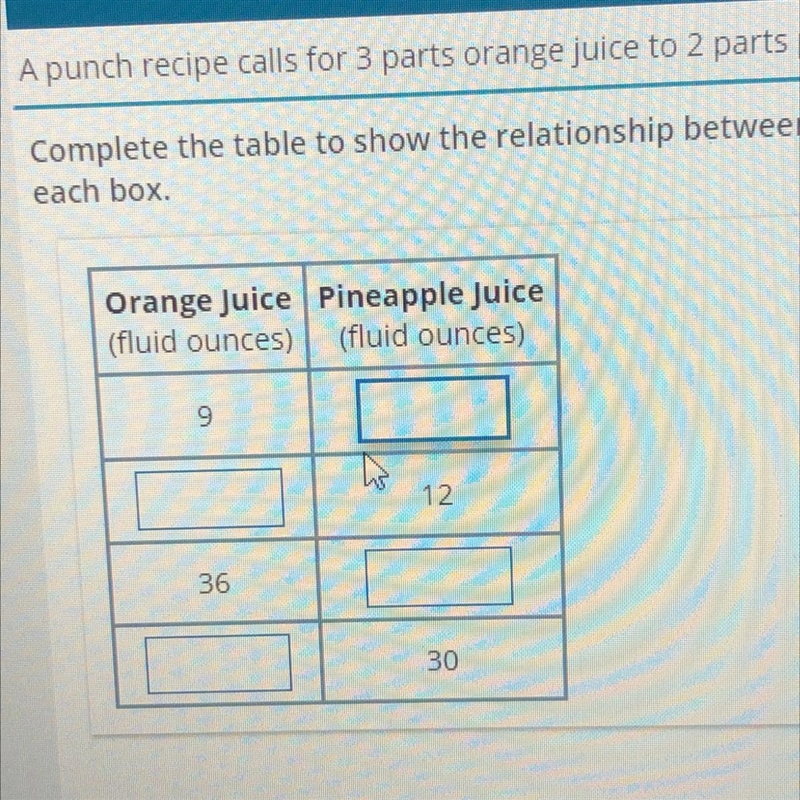 a punch recipe calls for 3 parts orange juice to 2 parts pineapple juice. complete-example-1