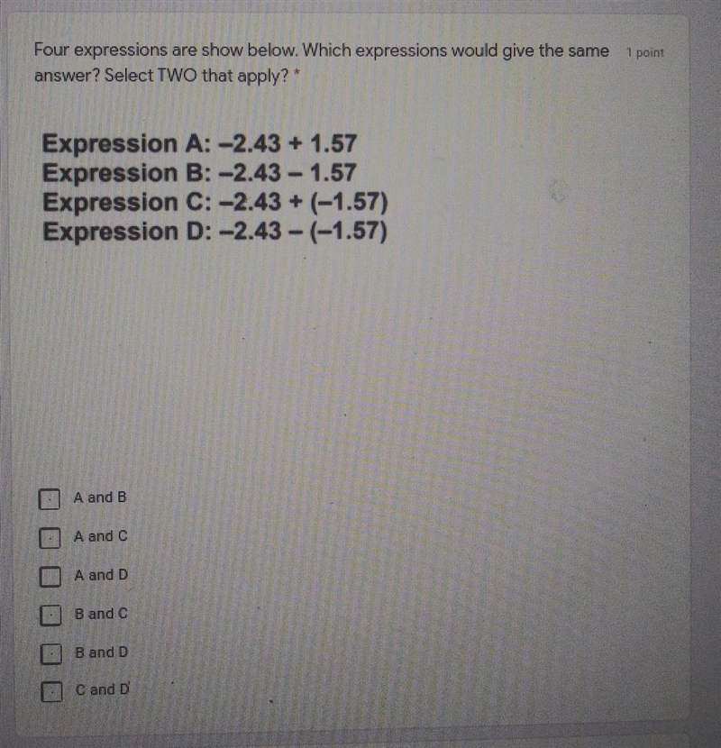 Four expressions are show below. Which expressions would give the same answer? Select-example-1