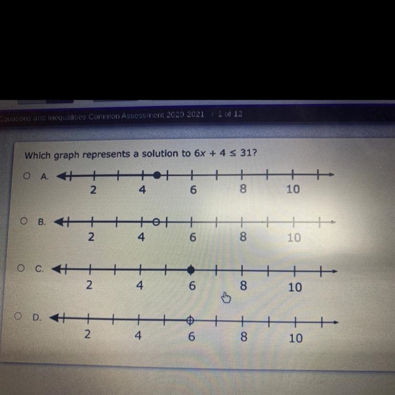 PLEASE HELP ASAP !! Which graph represents a solution to 6x + 4 = 31?-example-1