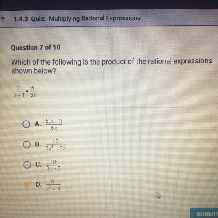 What is the product of the rational expression 2/x+1 • 5/3x-example-1