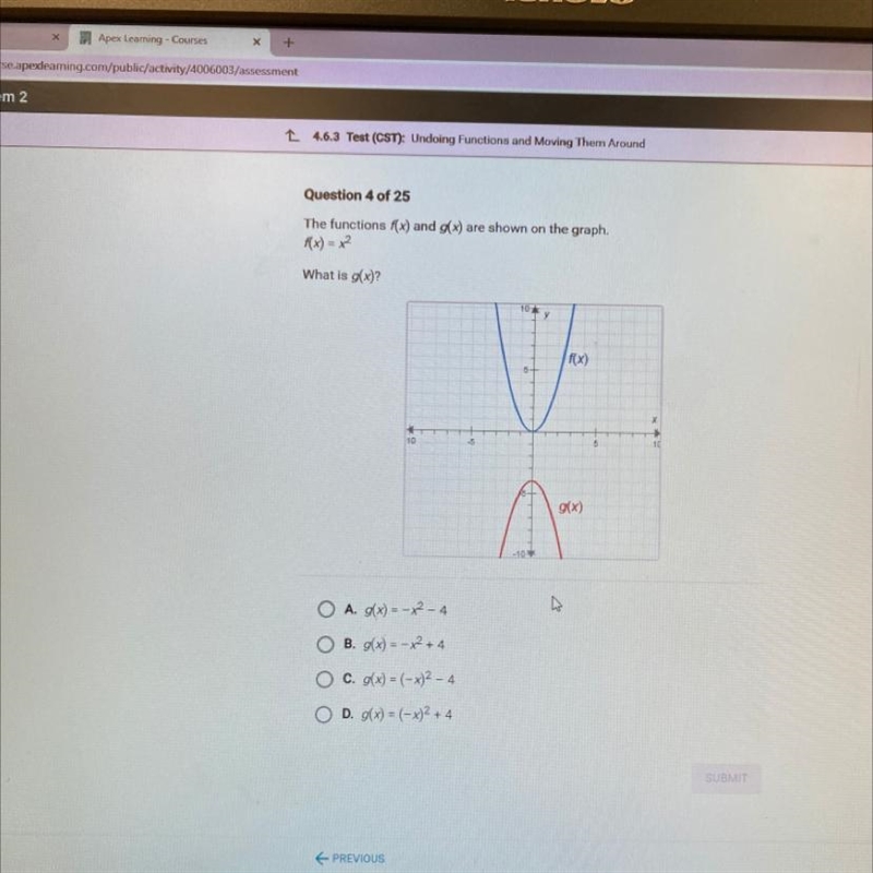 The functiona f(x) and g(x) are shown on the graph. What is g(x)? f(x) 10 -5 g(x) A-example-1