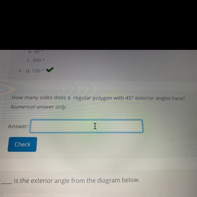 How many sides does a regular polygon with 45° exterior angles have? Numerical answer-example-1