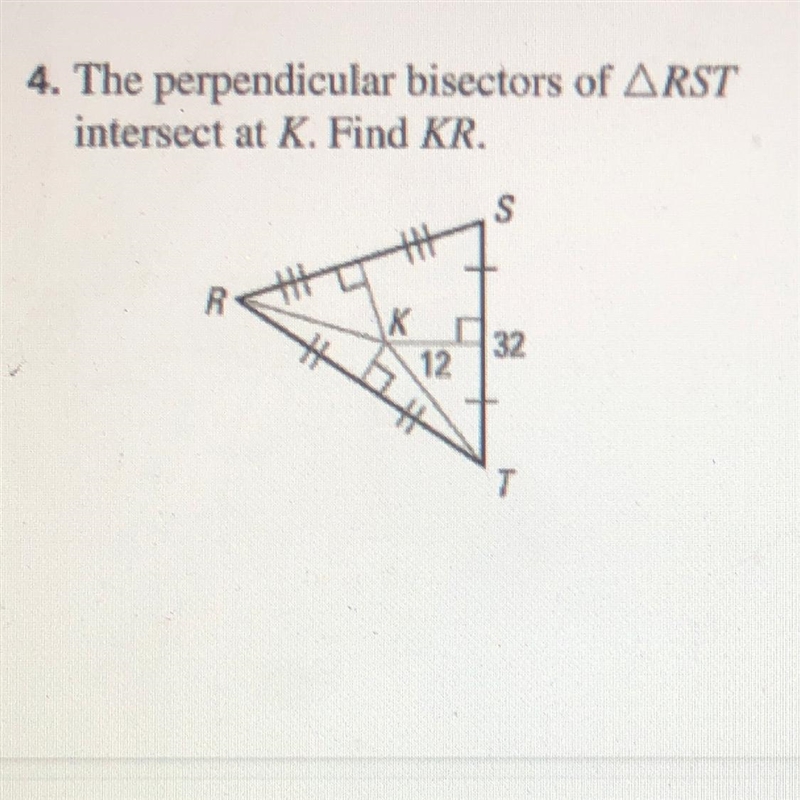 The perpendicular bisectors of triangle RST intersect at K. Find KR-example-1