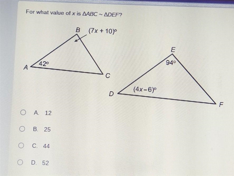 For what Value of X is ABC~ DEF?​-example-1