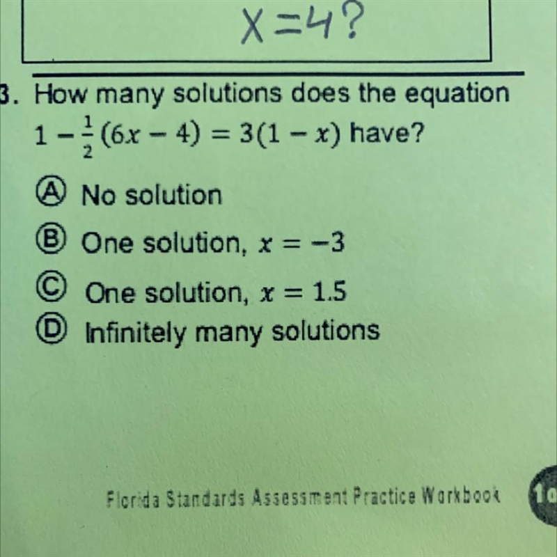 Please help me How many solutions does the equation 1-(6x - 4) = 3(1 – x) have?-example-1