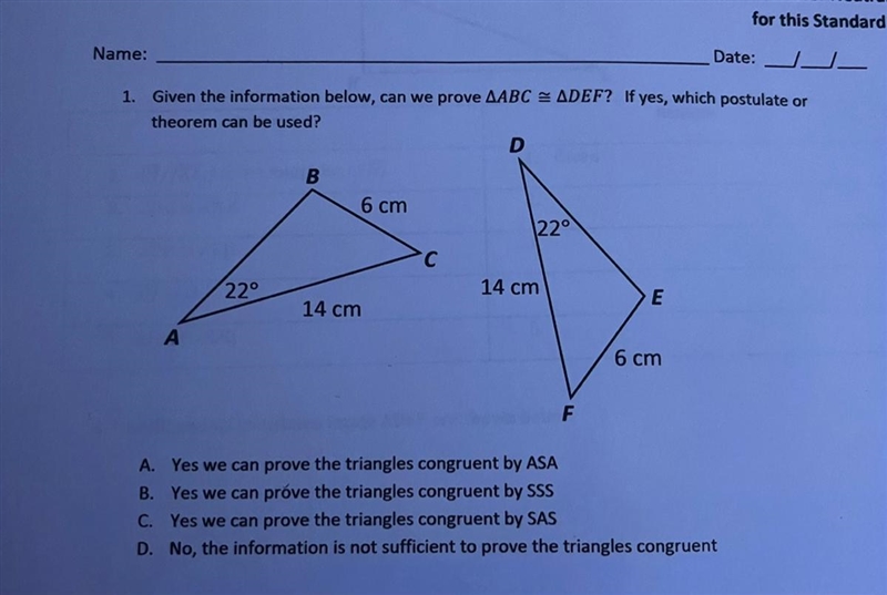 1. Given the information below, can we prove AABC = ADEF? If yes, which postulate-example-1