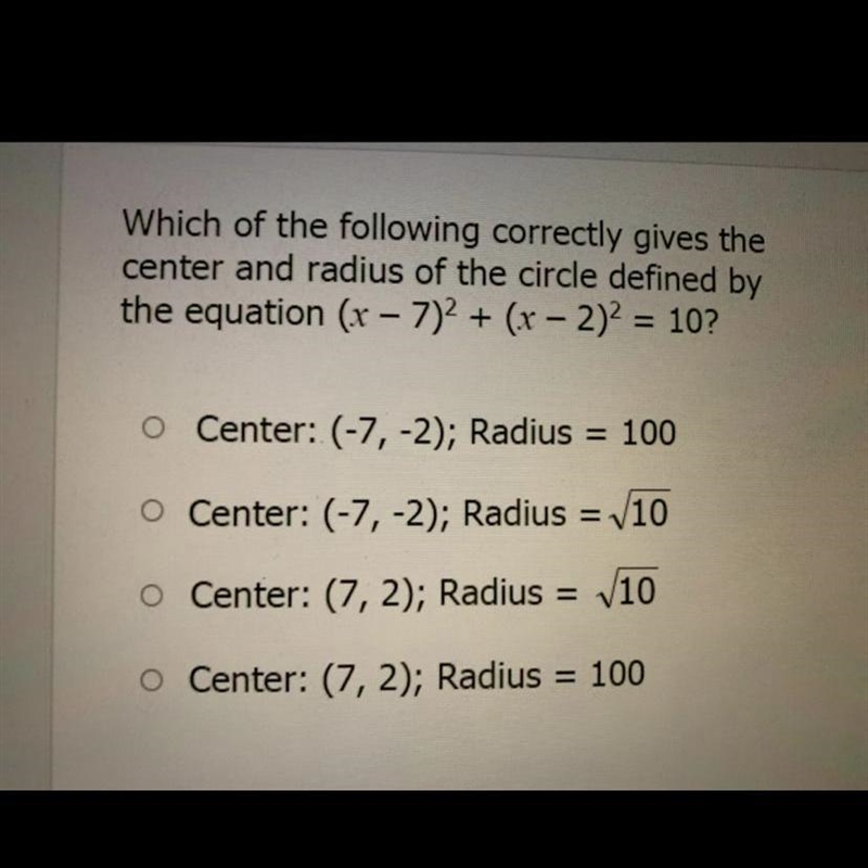 which of the following correctly gives the center and radius of the circle defined-example-1