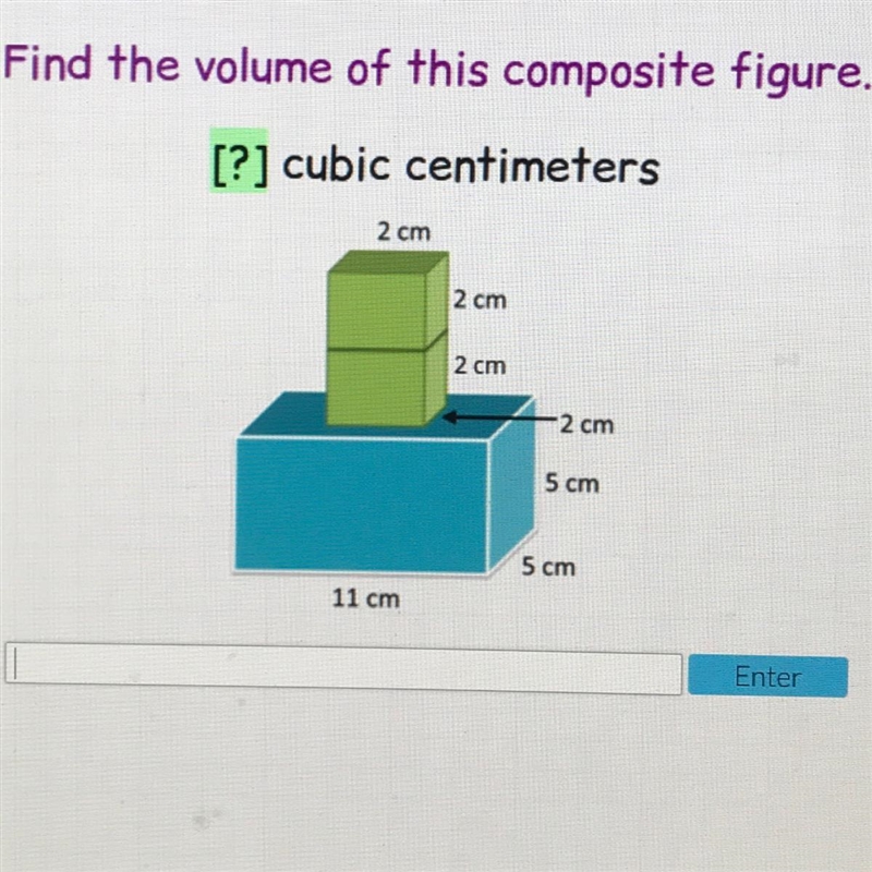 Find the volume of this composite figure. [?] cubic centimeters 2 cm 2 cm 2 cm 2 cm-example-1