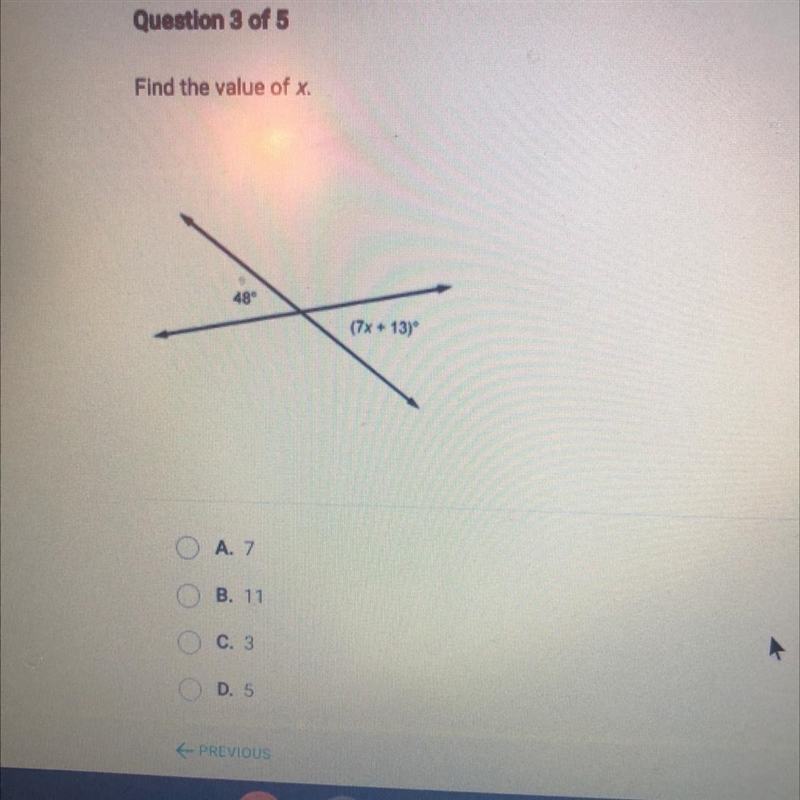 Find the value of x. 48 (7x + 13) A. 7 B. 11 C. 3 D. 5-example-1