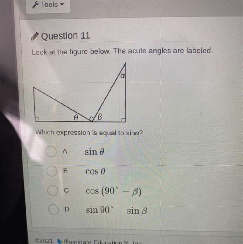 Which expression is equal to sina? A) sin0 B) cos0 C) cos(90°-b) D) sin 90°- sin b-example-1