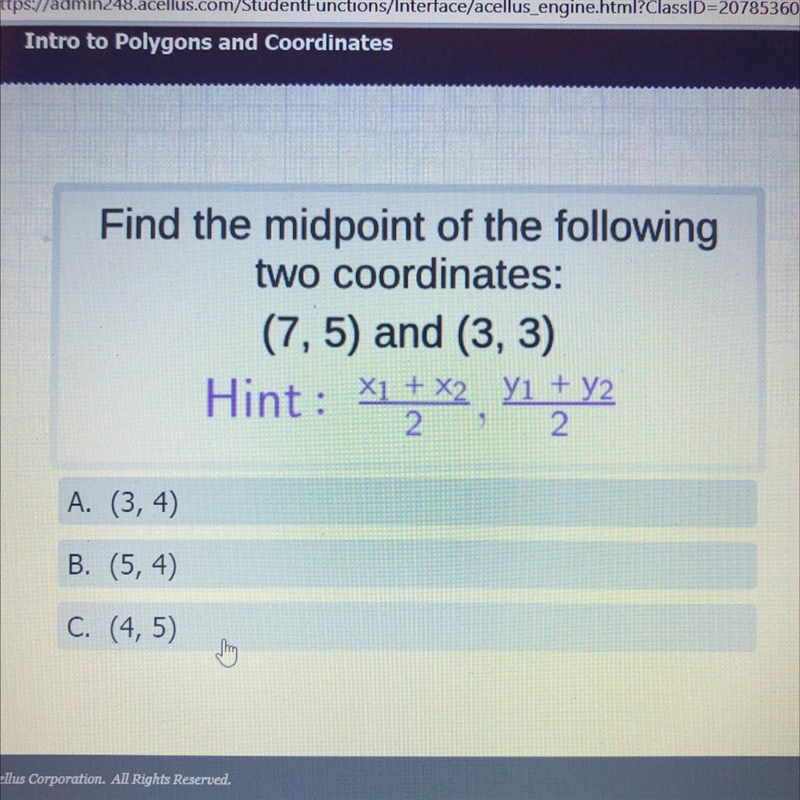 Find the midpoint of the following two coordinates Please help!!-example-1