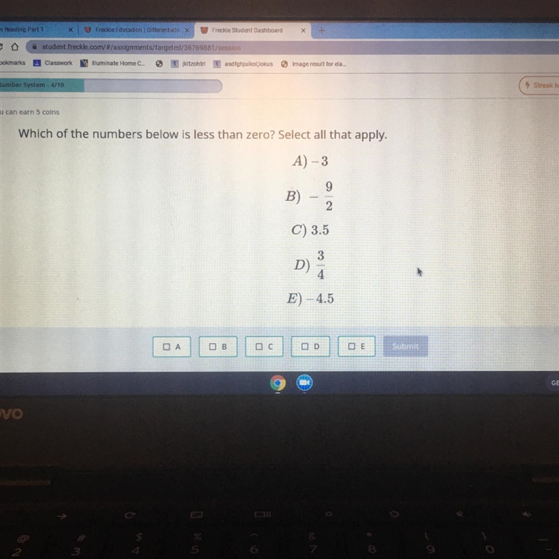 Which of the numbers below is less than zero? Select all that apply. A-3 B) -9/2 C-example-1