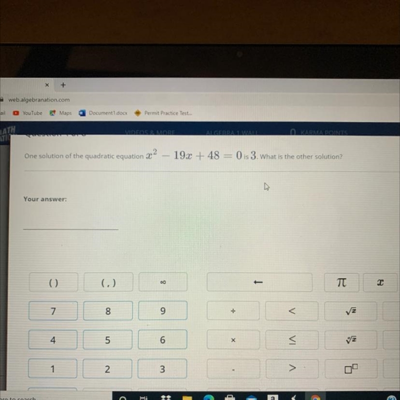 One solution of the quadratic equation X2 – 19x + 48 = 0 is 3. What is the other solution-example-1