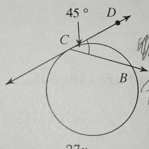 there are a tangent and secant line meet and the angle created is 45 degrees the large-example-1