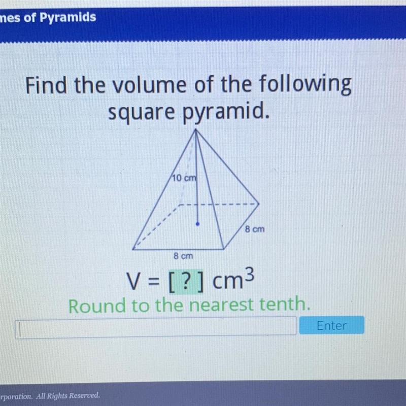 Cellus Find the volume of the following square pyramid. 110 cm 8 cm 8 cm V = [?] cm-example-1