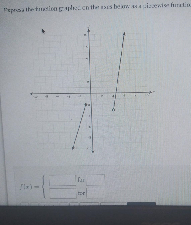 Express the function graphed on the axes below as a piecewise function. ​-example-1