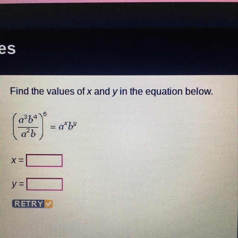 Find the values of x and y in the equation below.-example-1