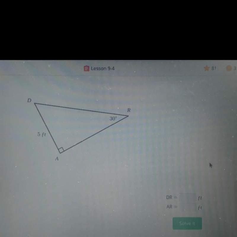 RAD is a 30°-60°-90° triangle. Determine the missing lengths.-example-1