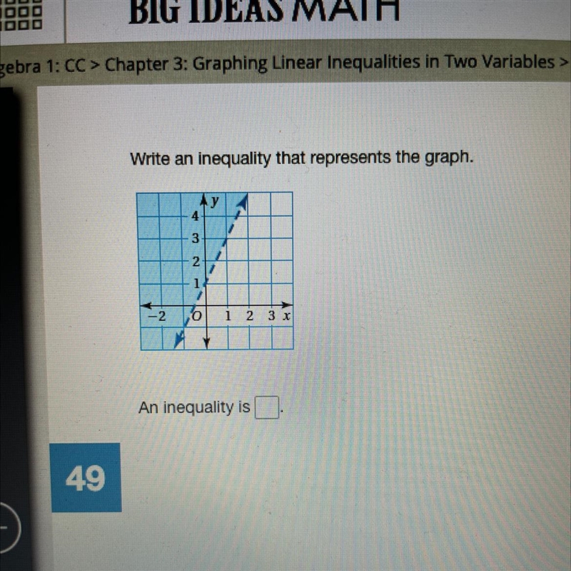 Write an inequality that represents the graph. What is the inequality?-example-1