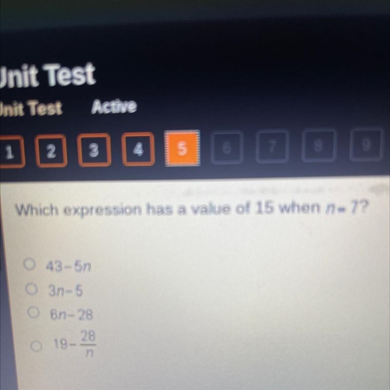 Which expression has a value of 15 when n = 7? A.43-5n B.3n-5 C.6n-28 D.19- 28/n-example-1