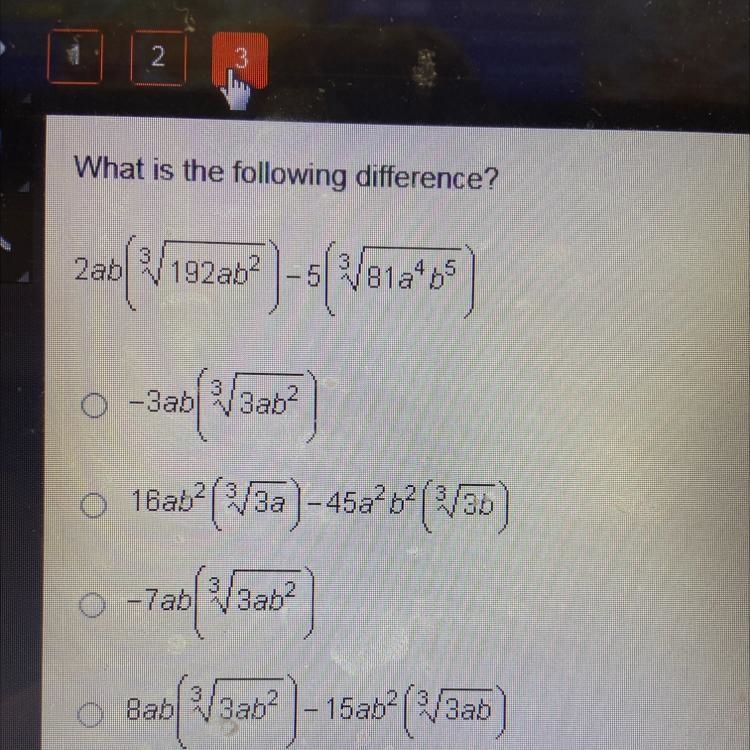 What is the following difference? 2ab2/192an? -5 V81a4 b5-example-1