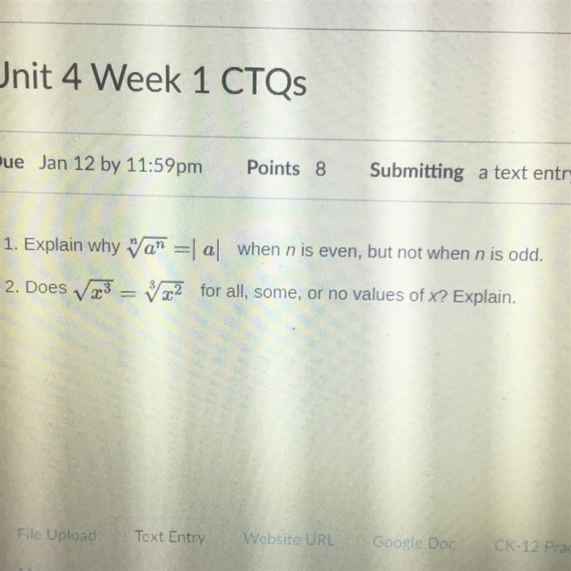 1. Explain why n root a^n= |a| when n is even, but not when n is odd.-example-1