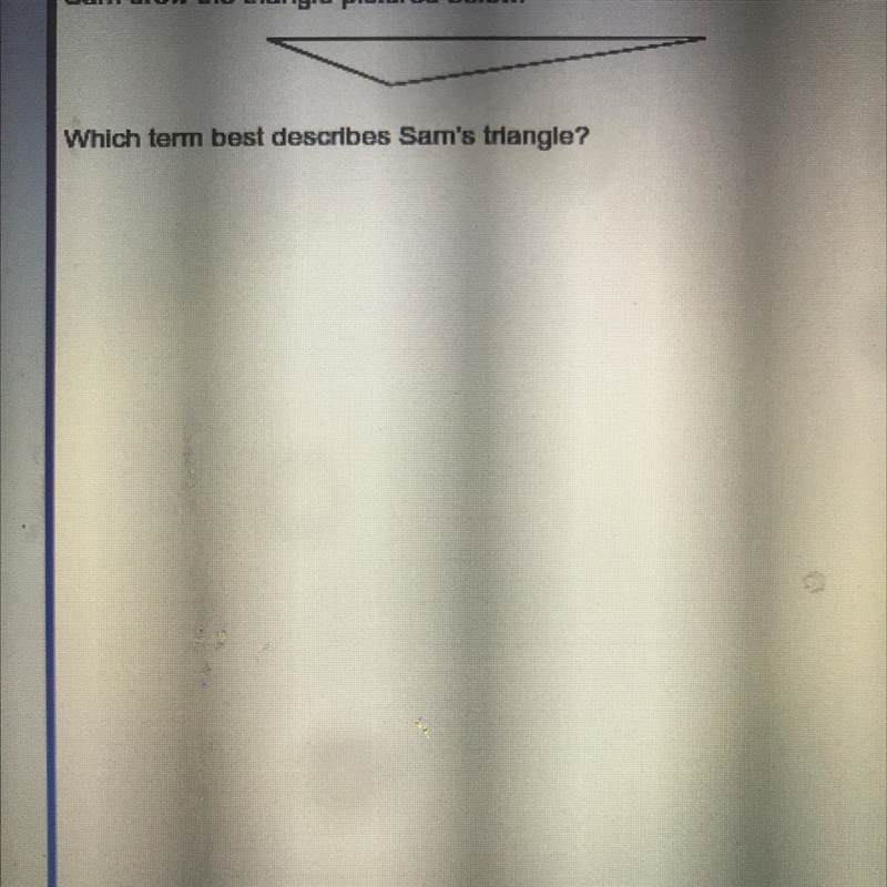 Sam drew the triangle pictured below. Which term best describes Sam's triangle? obtuse-example-1