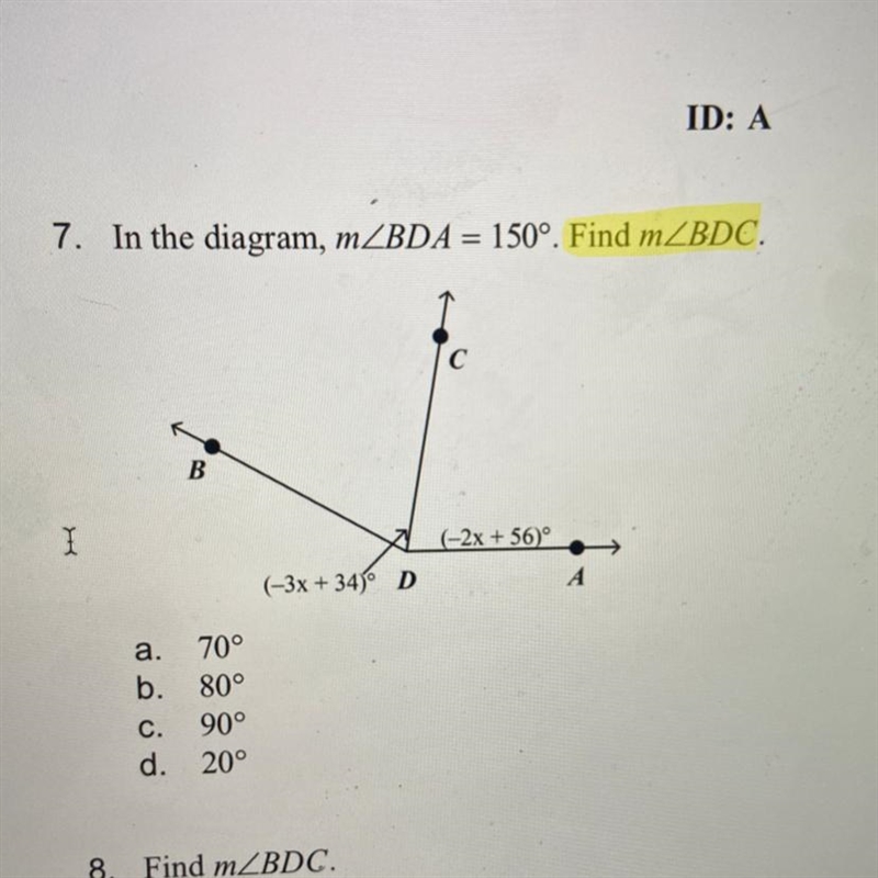 In the diagram, mBDA = 150°. Find mBDC.-example-1