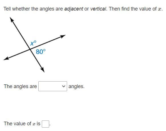 Tell whether the angles are adjacent or vertical. Then find the value of x.-example-1