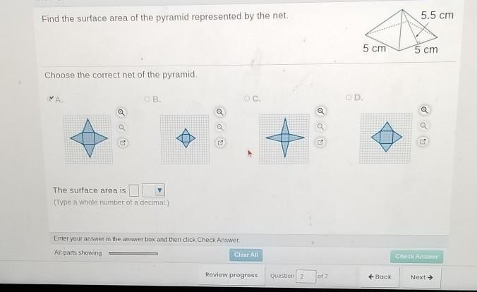 Find the surface area of the pyramid represented by the net. 5.5 cm 5 cm 5 cm ​-example-1