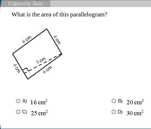 Please help me out- What is the area of this parallelogram? A) 16 cm^(2) B) 20 cm-example-1