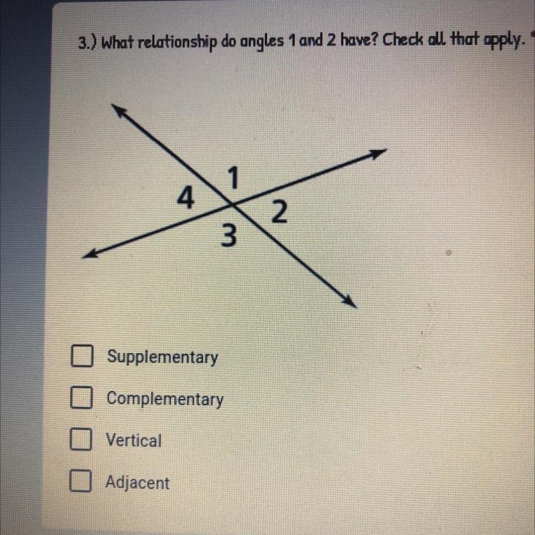 3.) What relationship do angles 1 and 2 have? Check all that apply. 1 Supplementary-example-1