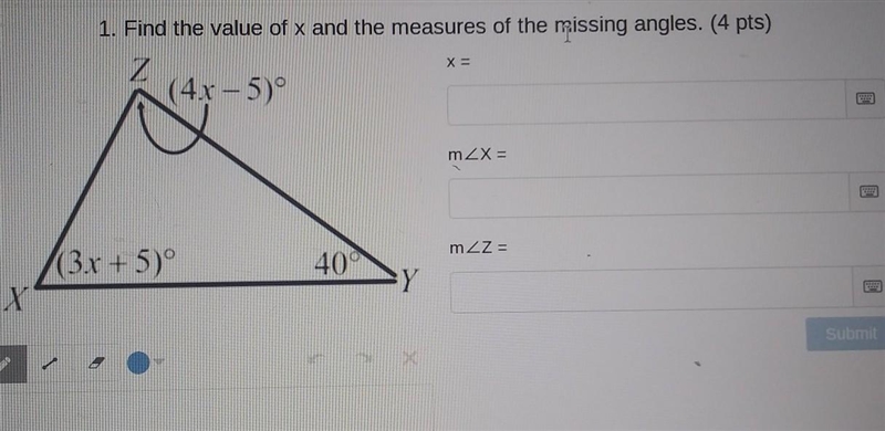 Find the value of x and the measures of the missing angles​-example-1