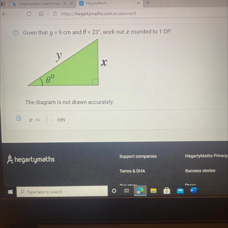 Given that y = 9 cm and 0 = 23°, work out x rounded to 1 DP. у х 00 PLEASE HELP-example-1