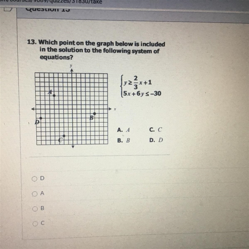 Which point on the graph below is included in the solution to the following system-example-1