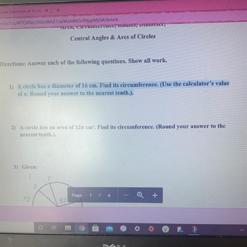 1) A circle has a diameter of 16 cm. Find its circumference. (Use the calculator's-example-1