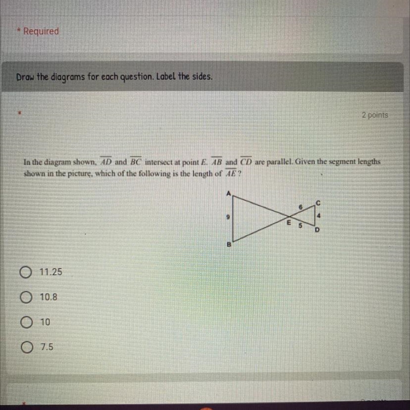 In the diagram shown overline AD and intersect at point E. overline AB and overline-example-1