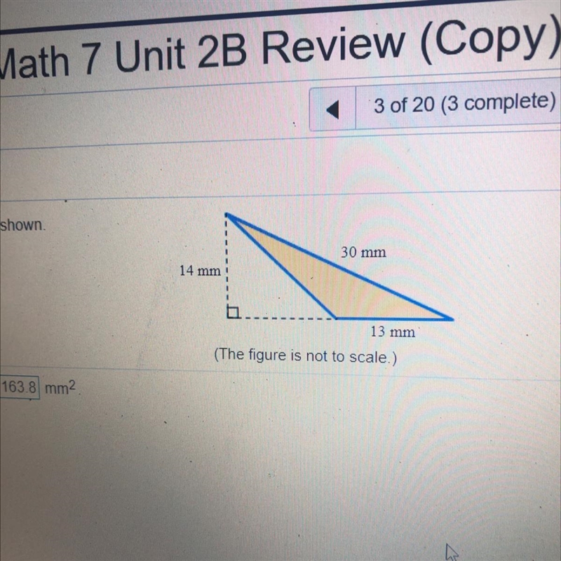 Find the area of the triangle shown 30 mm 14 mm 13 mm (The figure is not to scale-example-1