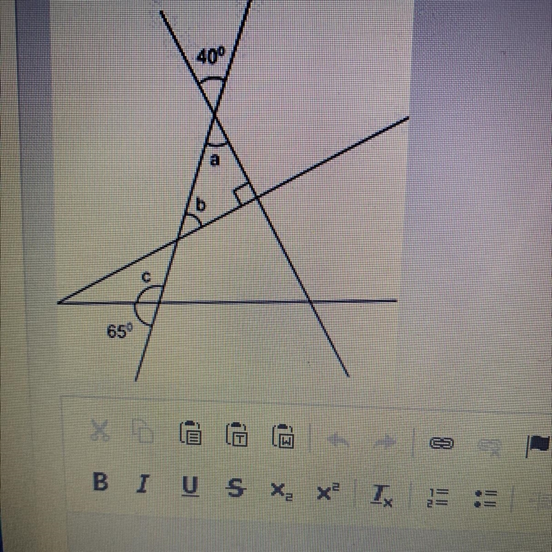 What are the measures of Angles a, b, and c? Show your work and explain your answers-example-1