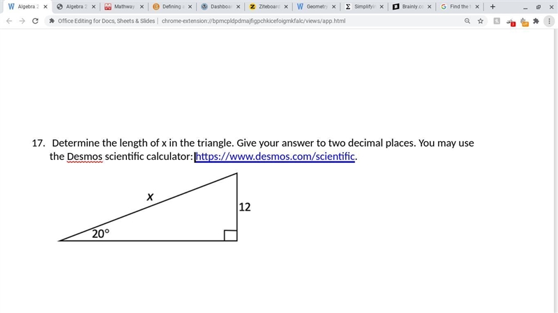 Determine the length of x in the triangle. Give your answer to two decimal places-example-1